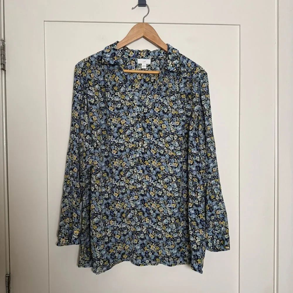 J Jill Blouse Top Womens Sz XL Blue Floral Long Sleeve V Neck Office Lightweight